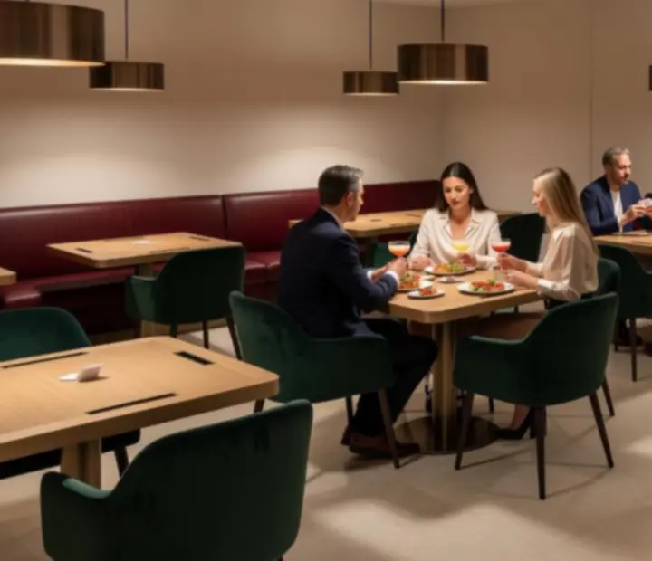 Bistro & poker lounge w ciepłym świetle z wygodnymi fotelami