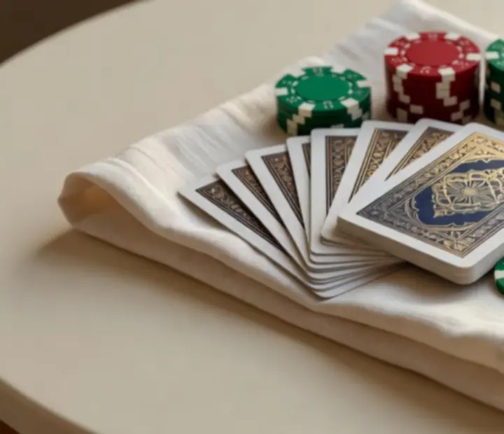 Detal kart do gry i żetonów używanych podczas wieczorów pokerowych w Ogrods Potkan.