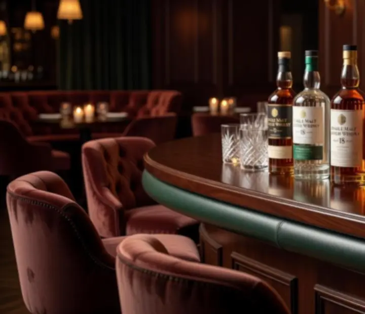 Elegancka selekcja whisky, rumów i ginów na barze w ciepłym świetle