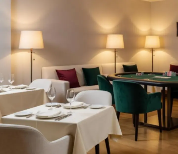 Wnętrze restauracji Ogrods Potkan z ciepłym oświetleniem, lnianymi obrusami i pokerowym lounge.