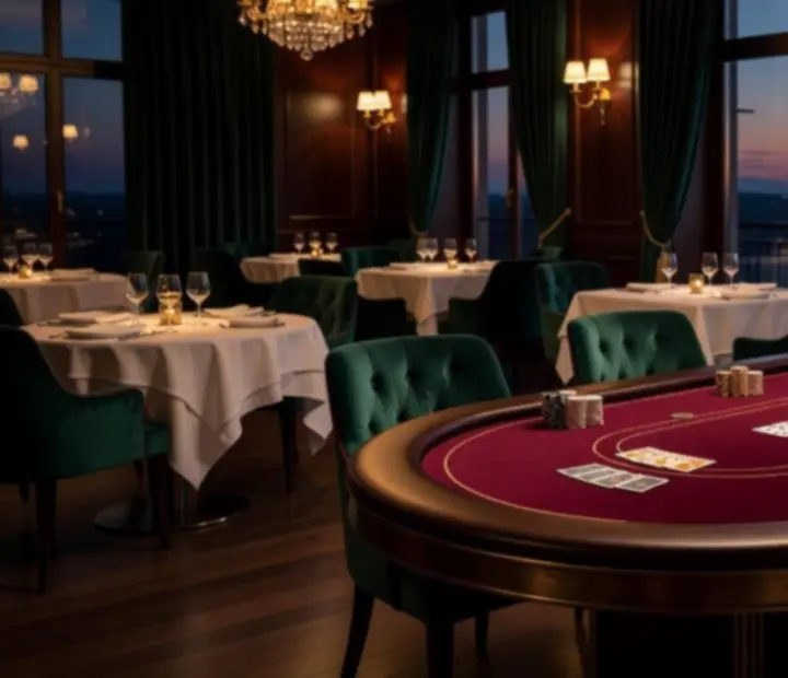 Elegancki stół pokerowy w restauracji Ogrods Potkan, z kartami do gry, żetonami i wieczornym oświetleniem.