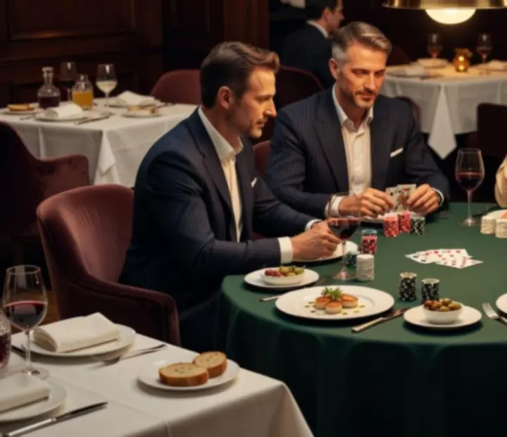 Elegancki wieczór pokerowy w restauracji z nakrytym stołem, kartami do gry i żetonami