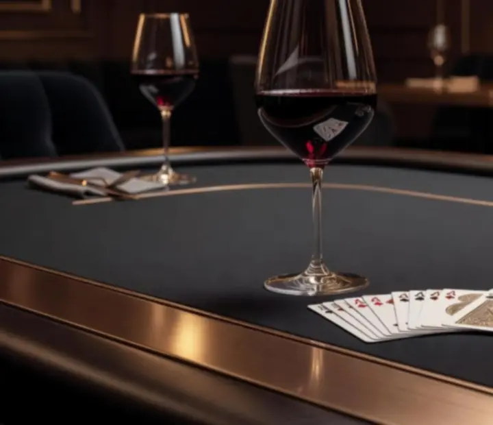 Czerwone wino na stole pokerowym