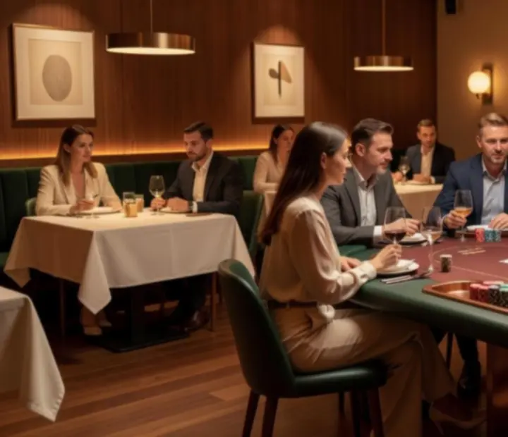 Elegancki salon kart w restauracji z wieczornym oświetleniem i stołem pokerowym