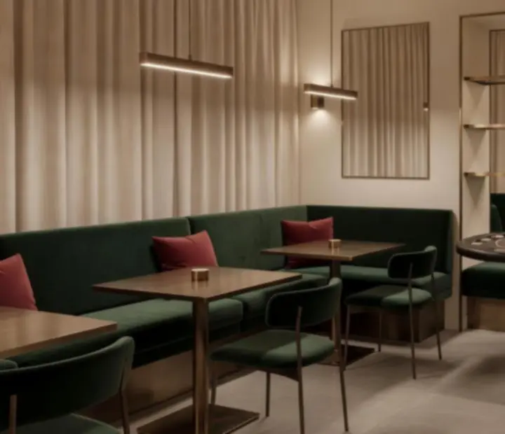 Stylowe wnętrze bistro z kremowymi i zielonymi akcentami oraz strefą lounge w Ogrods Potkan.