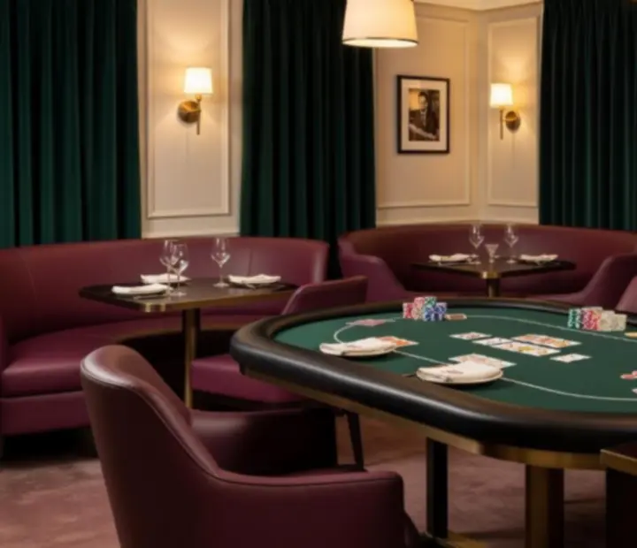 Wieczorna restauracja z eleganckim stołem pokerowym, kartami i żetonami w Ogrods Potkan.