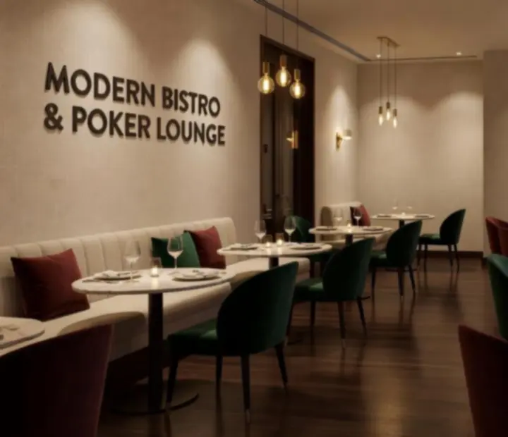 Wnętrze restauracji z kremowymi tkaninami i pokerowym lounge